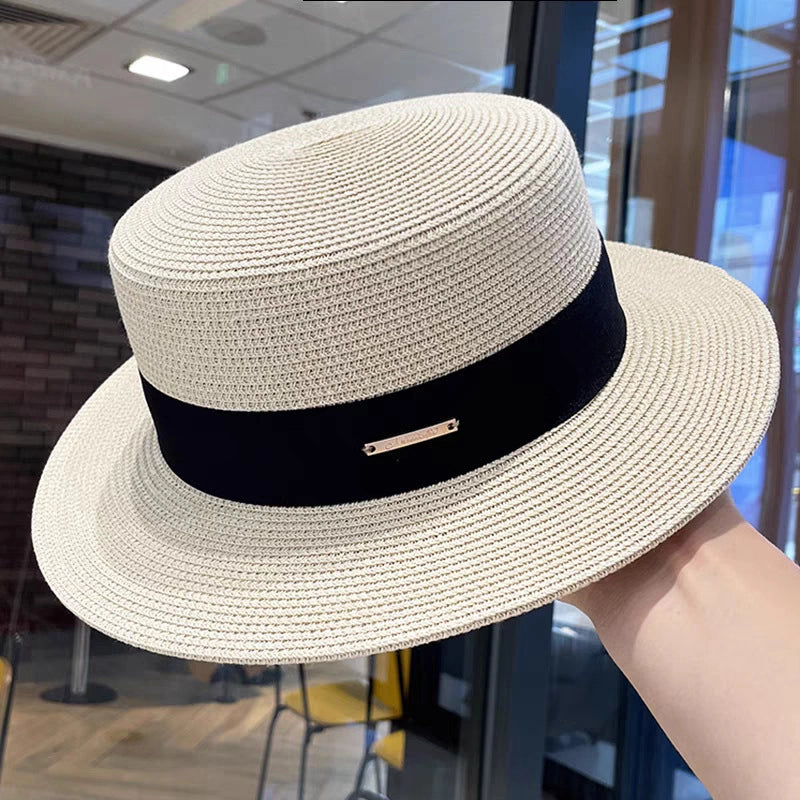 Women’s Vacation Color Block Flat Eaves Straw Hat