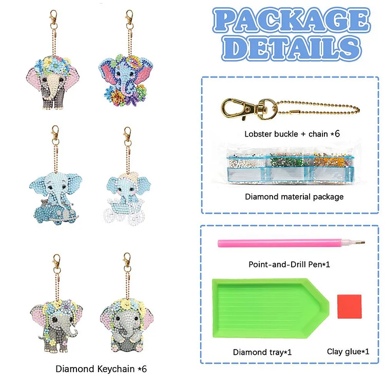 DIY Diamond Painting Keychains Kit 6Pcs Elephant