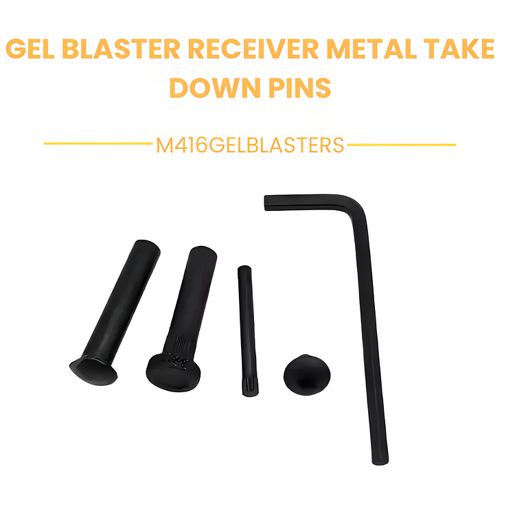 Set of steel gel blaster take-down pins with hex key on white background