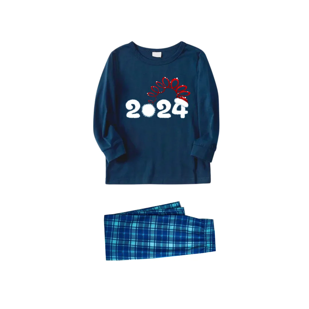 "Cute 2024" Printed Blue Long Sleeve Top With Blue Plaid Family Matching Pajamas