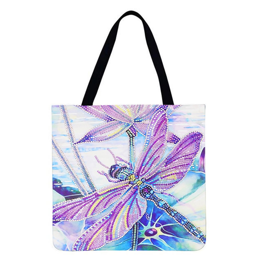 Linen Tote Bag-Dragonfly flowers