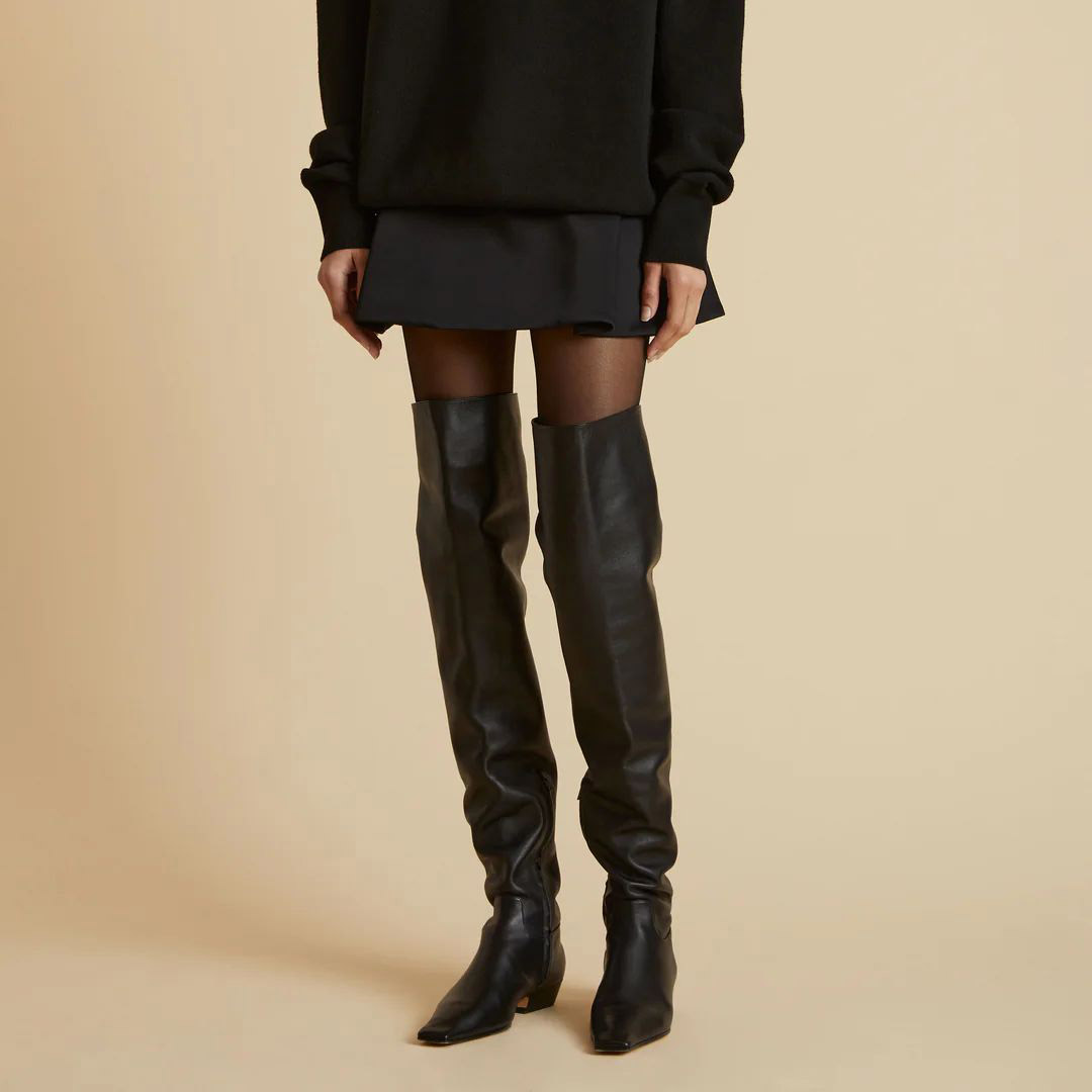 Black Square Toe Low Heel Pull-On Zipper Over the Knee High Boots Nicepairs