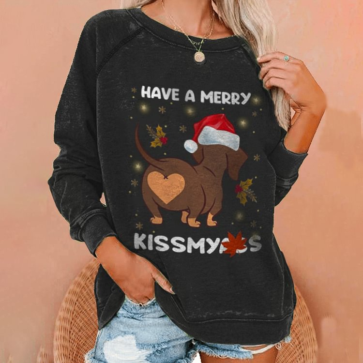 Vefave Christmas Dog Print Crew Neck Long Sleeve Sweatshirt