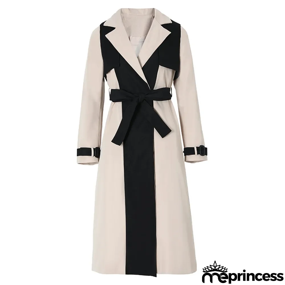 Fashion Long Trench Coat Women's Fall/Winter Colorblock Turndown Collar Tie Chic Slim Waist Coat