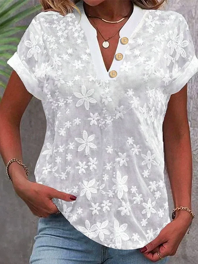Women's Casual Solid Color V-Neck Short Button Sleeve Embroidered Top