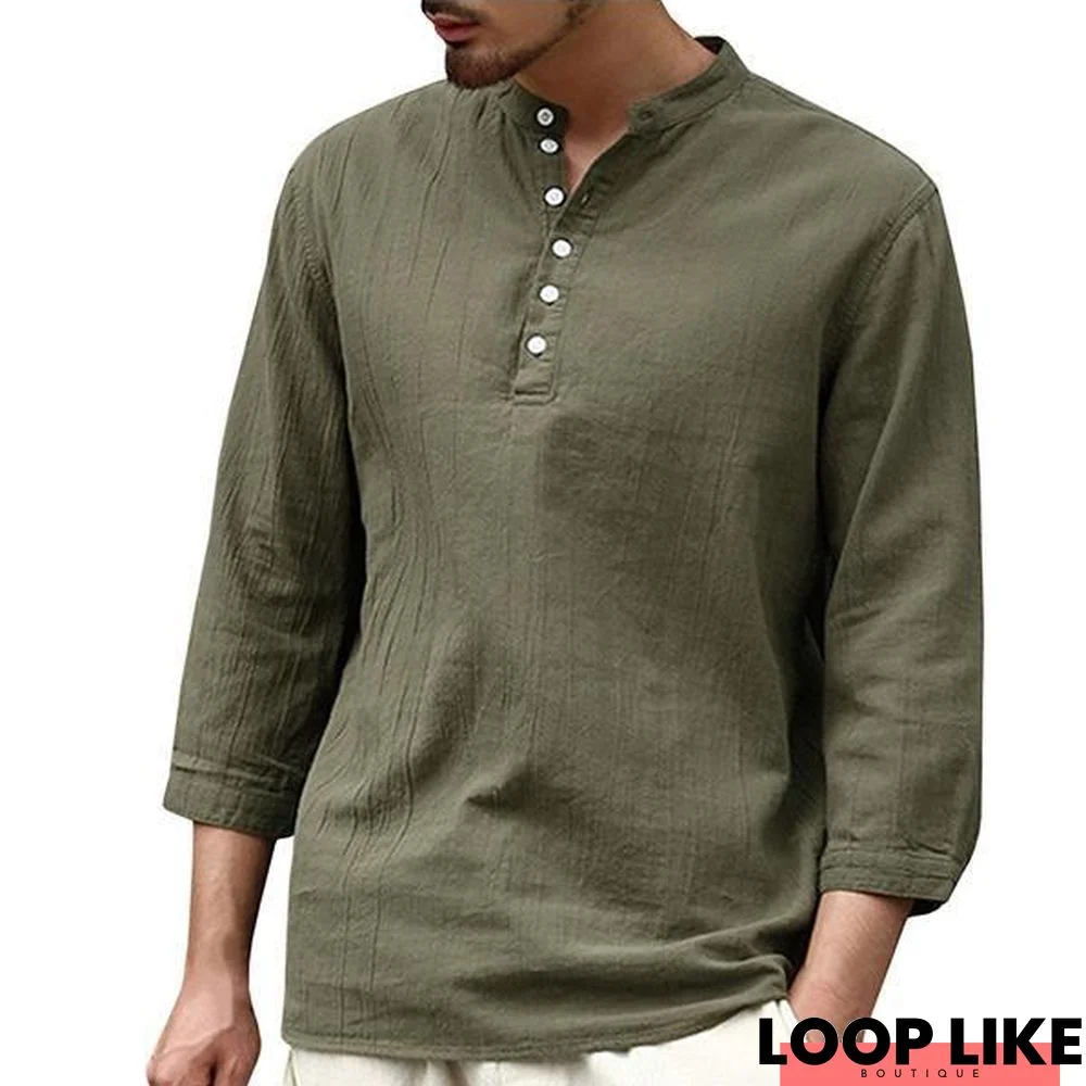 Men Button Solid Cotton Linen Half Sleeve Shirts Linen