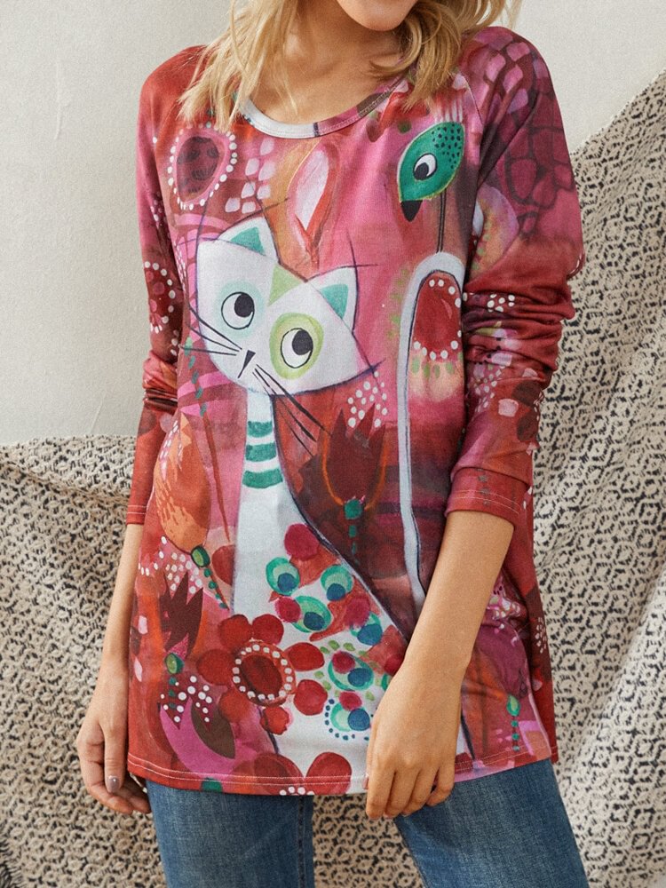 Cartoon Cat Printed Long Sleeve O neck T Shirt For Women P1770319