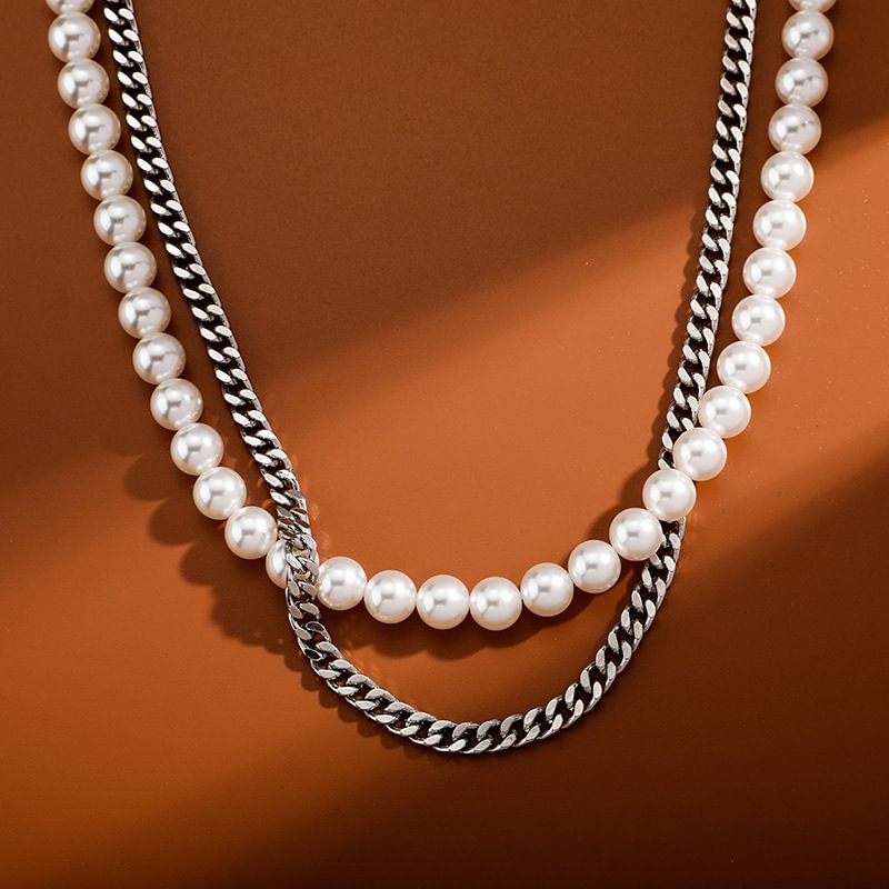 4MM Double Layer Cuban Chain Freshwater Pearl Necklace-VESSFUL