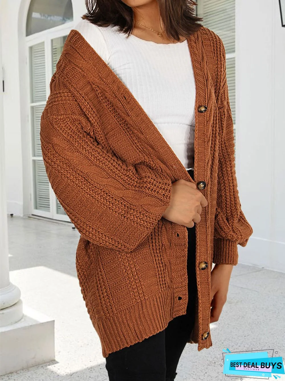 Solid Color V-Neck Lantern Sleeve Cardigan Sweater