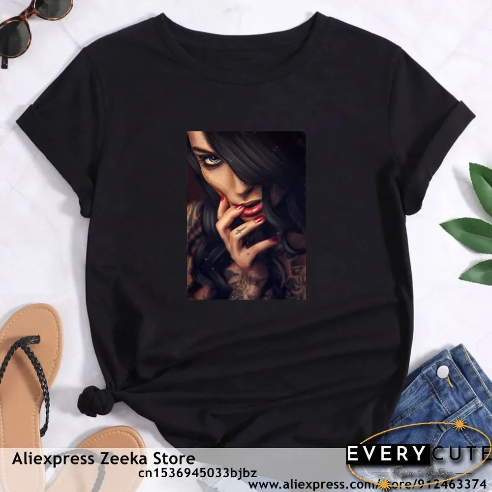 Womens Traveling Fun Print Tee-Shirt for Girls Y2K Harajuku Basics Collar White Shirt