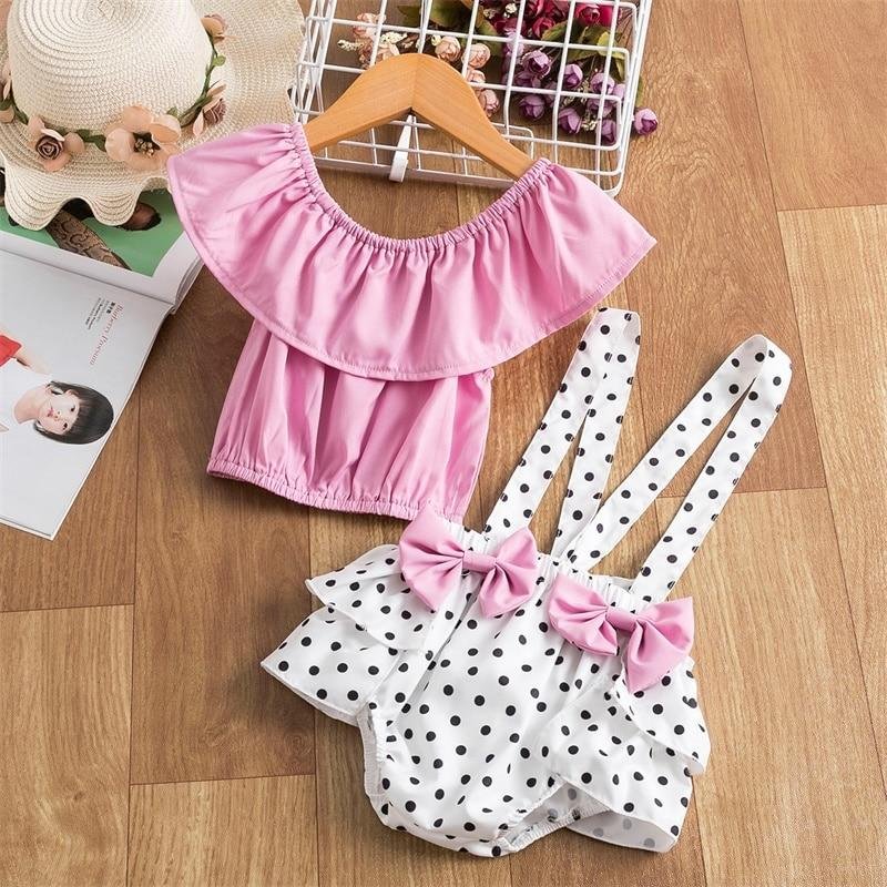 Baby Girls Romper Clothes Set Newborn Infant Summer Tees Top+Strap Short Pants Polka Dot Birthday Party Chstrening Gown Outfits