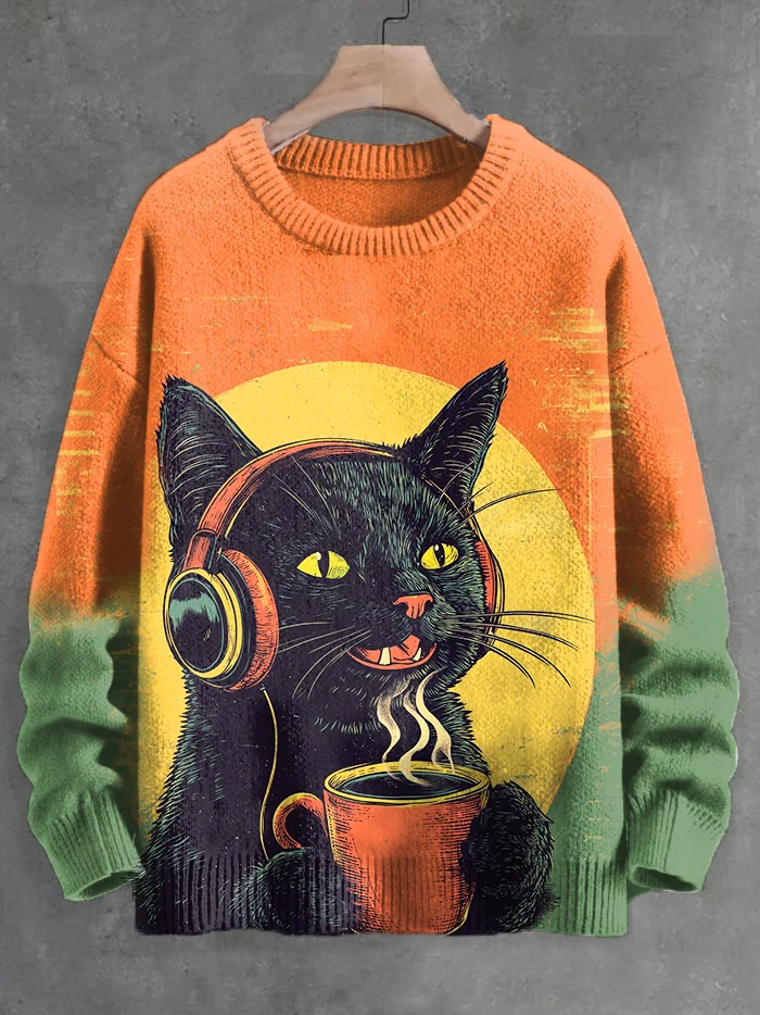 Men's Black Cat Listening To Music With Coffee In Hand Print Knit Sweatshirt