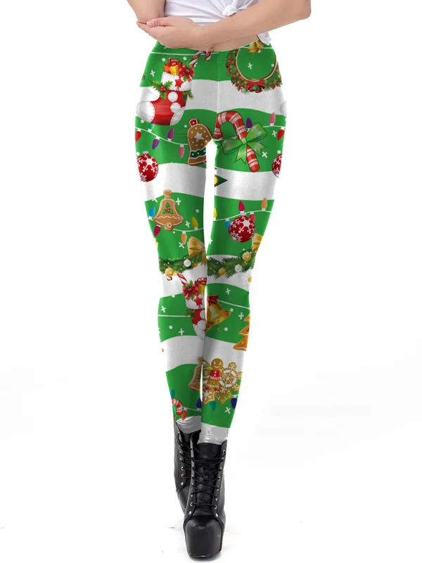 Women's Christmas Print Skinny Mid-Rise Leggings Flusfy