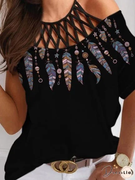 Women's T-Shirts Casual Print Hollow Short Sleeve T-Shirt