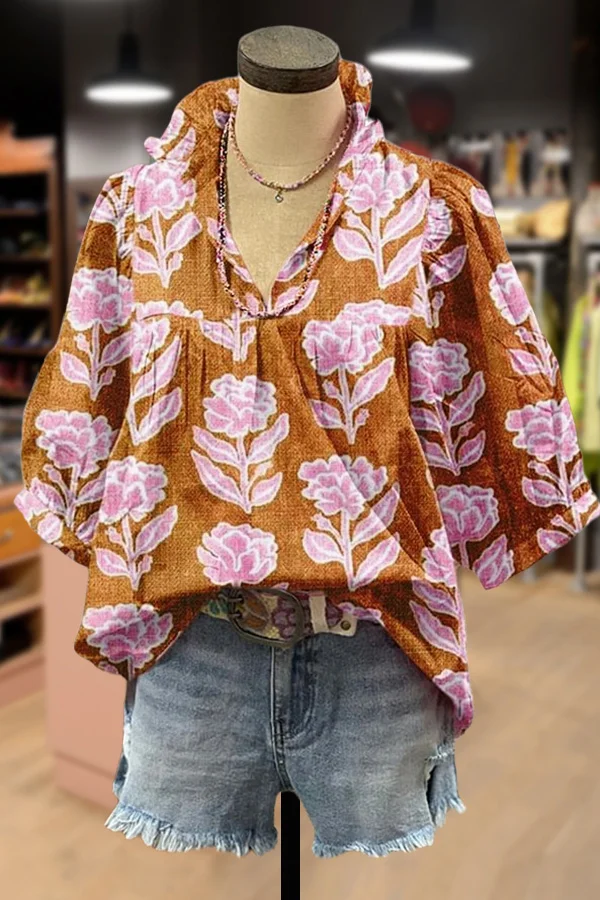 Vintage Floral Print Puff Sleeve Top