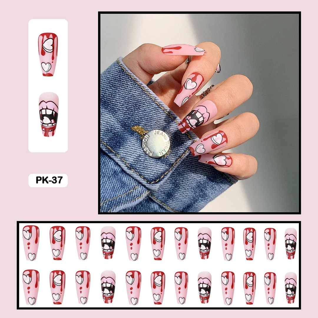 24PCS Dark Punk False Nails with Glue Gradient Long Detachable Fire Stick on Nails Skull Flame  Art DIY Fashion Manicure Tool-Nail Inspo