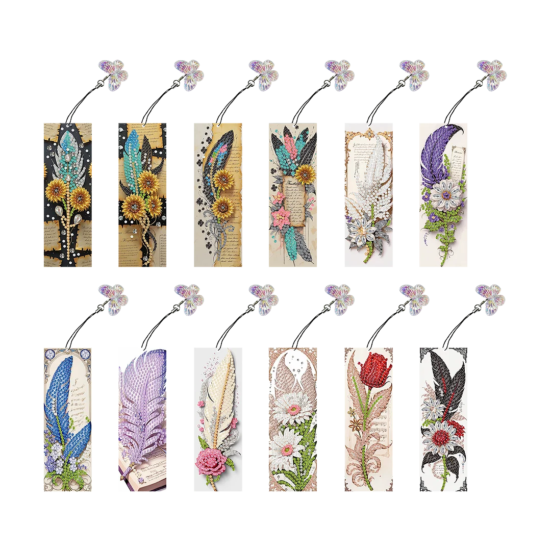 12Pcs Feathers Flowers DIY Diamond Art Painting Bookmark for Reading Enthusiasts