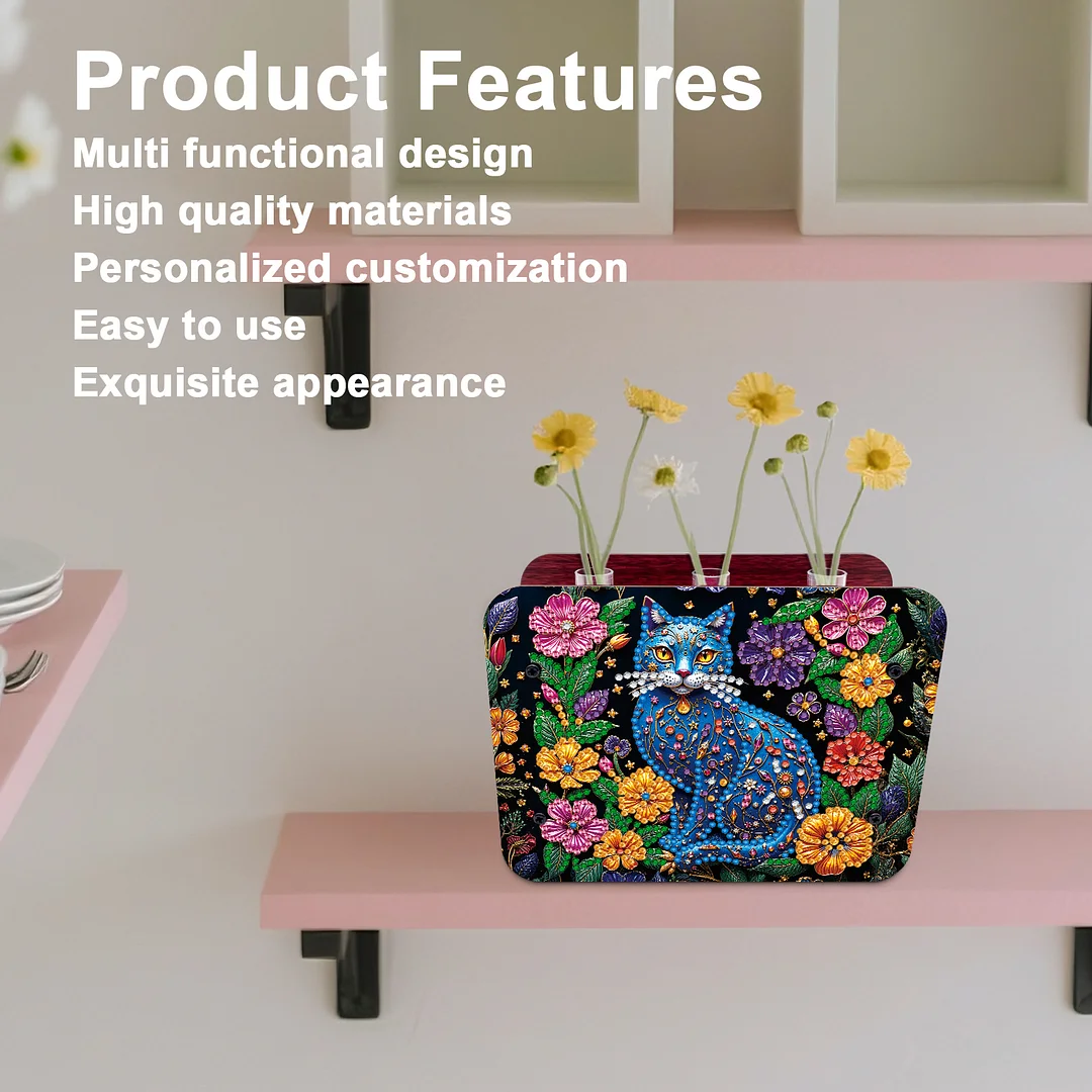 Cat DIY Flower Vase Wooden Double Sided Desktop Diamond Art Kit for Home Decor