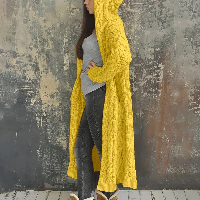Women'S Solid Color Hooded Knitted Cardigan