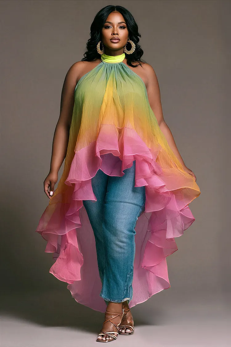 Xpluswear Design Plus Size Vacation Rainbow Gradient Halter Collar Asymmetric Hem Irregular Hem Ruffle Chiffon Blouses [Pre-Order] 2024 - Xpluswear