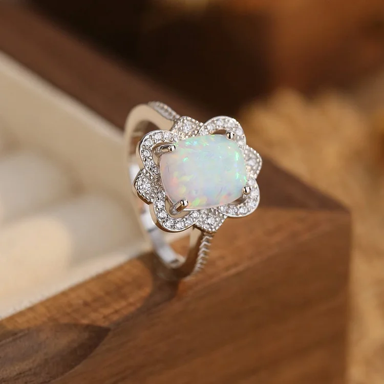 Olivenorma Opal White Zircon Engraved Design Engagement Ring