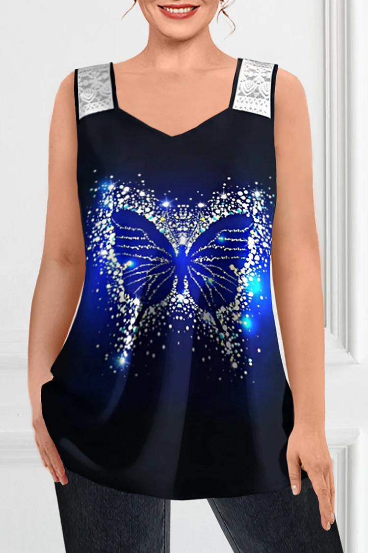 Flycurvy Plus Size Casual Blue Butterfly Print Lace Stitching V Neck Tank Top  Flycurvy [product_label]
