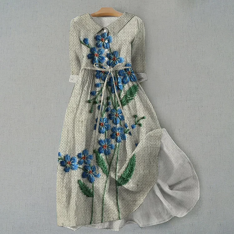 Utbros Elegant Botanical Floral Design Print Lace-up Casual Midi Dress