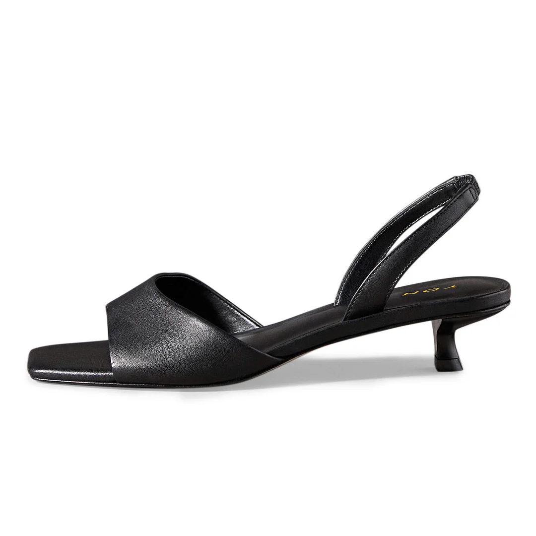 Simple Black Open Square Toe Kitten Heel Slingback Women's Sandals