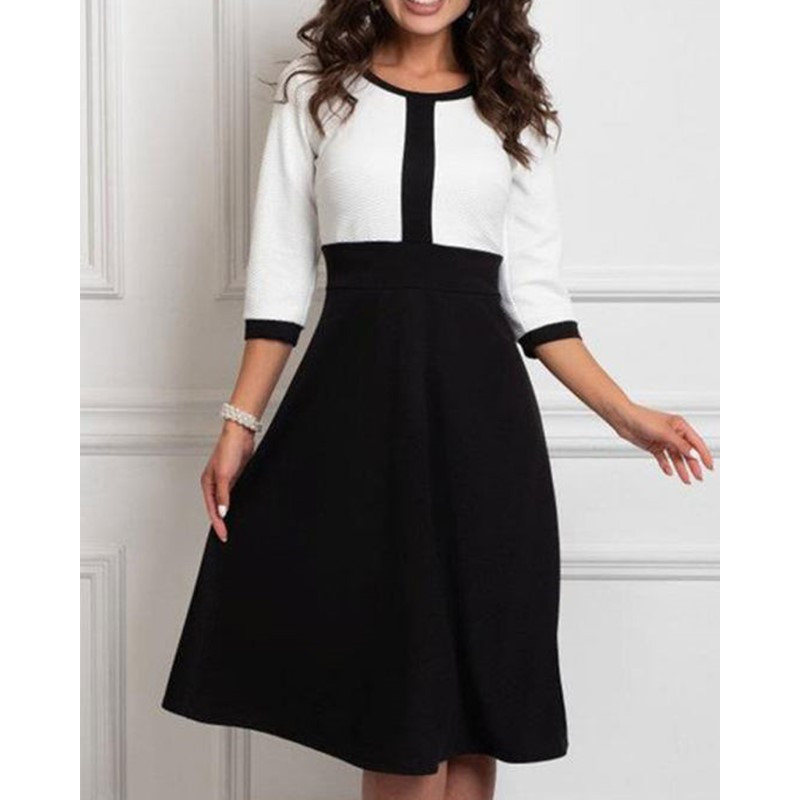 Mature Women  Mid-length Long Sleeve Patchwork Skirt Dress