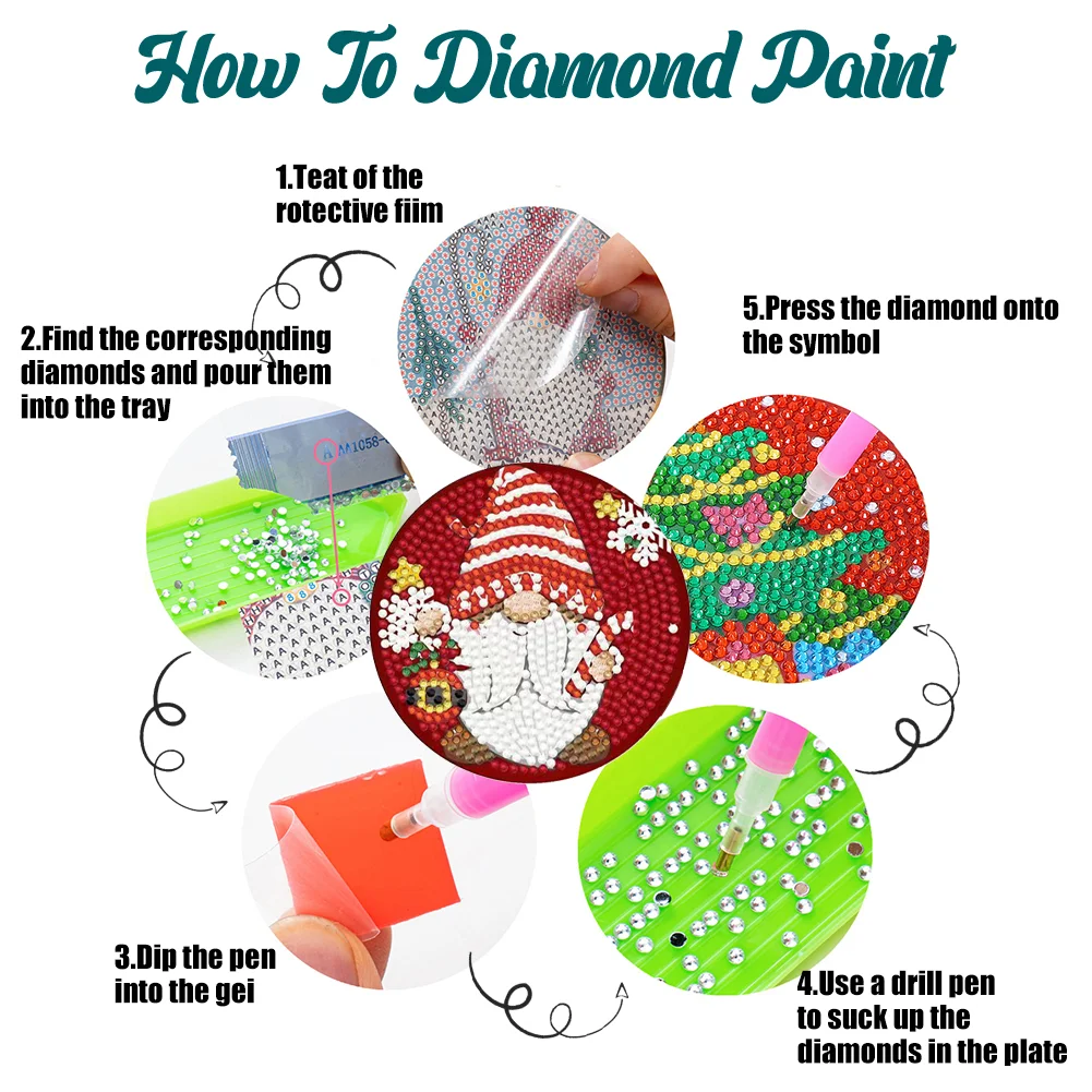 8pcs DIY Christmas Gnome Diamond Crafts Coasters with Holder Wooden DIY Coaster