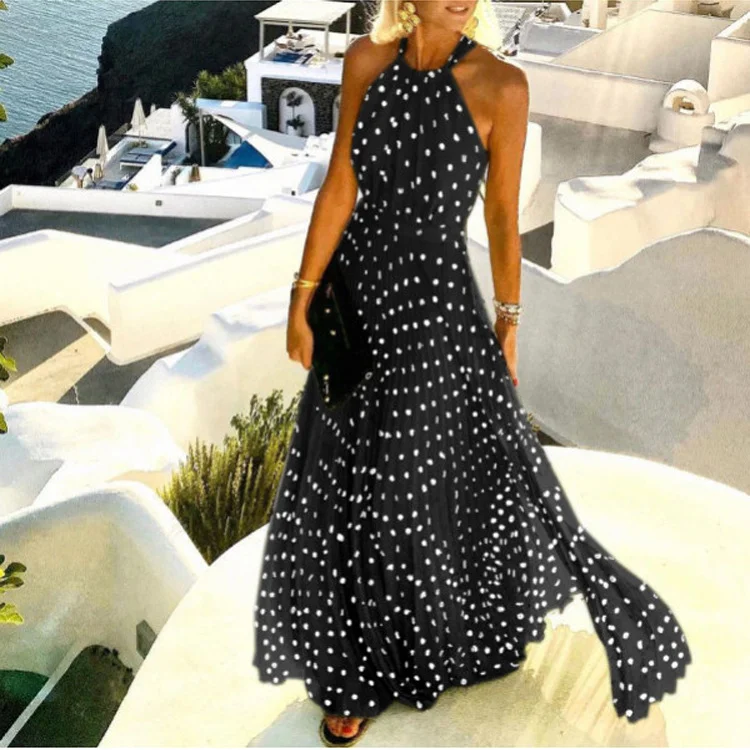 Resort Crew Neck Halterneck Polka Dot Print Maxi Dress