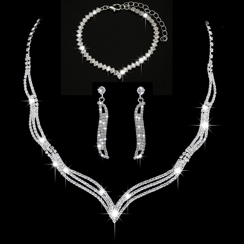 Wedding White Shiny Rhinestone Chain Three Piece Jewelry Set 2024 - Flycurvy 