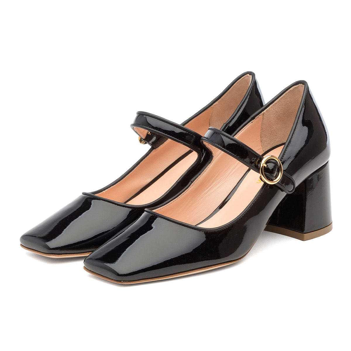 Patent Leather Square Toe Block Heel Buckle Black Pumps for Women Nicepairs