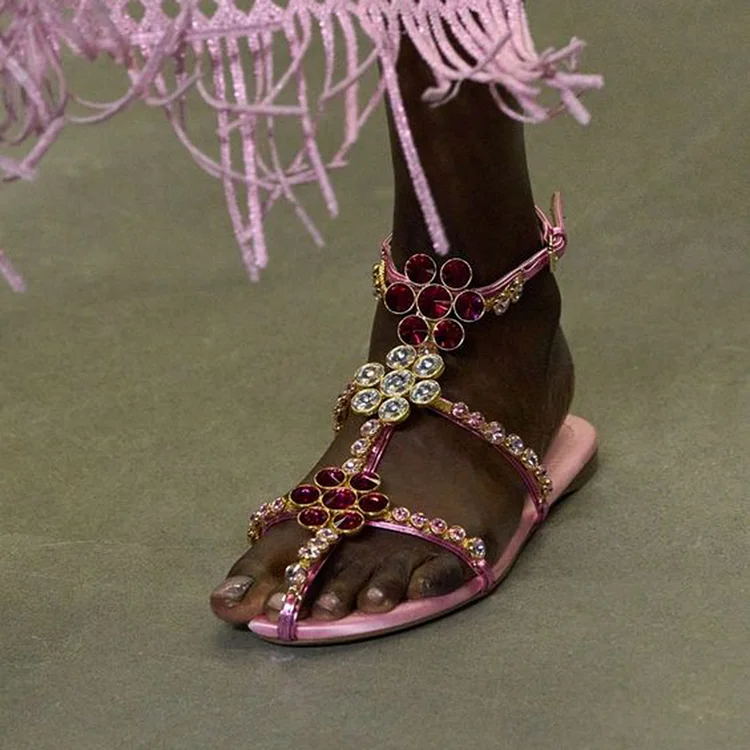Elegant Pink Strappy Flat Shoes Women's Multicolor Rhinestones Thong Sandal Summer Flats |FSJ Shoes