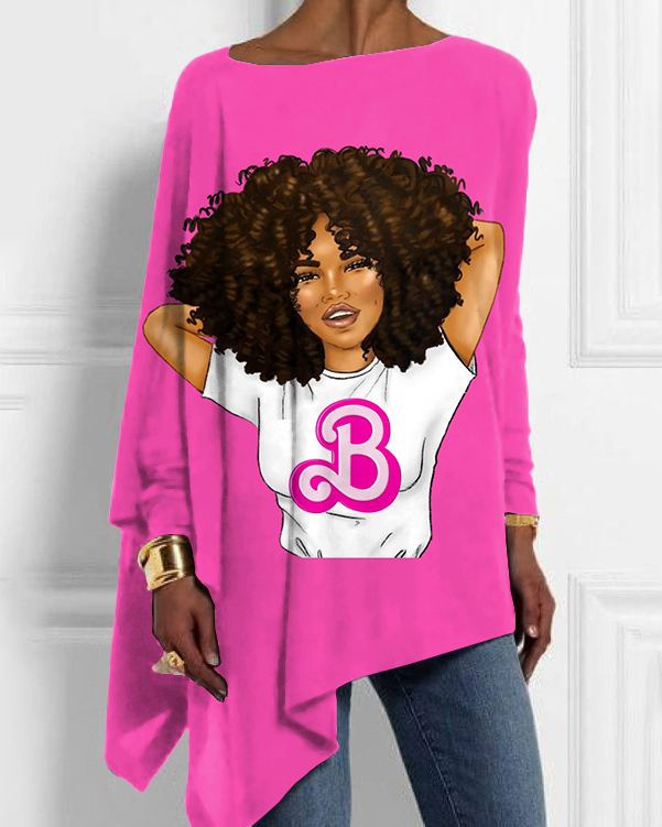 Afro Barbie Girl Print Off-shoulder Irregular Top