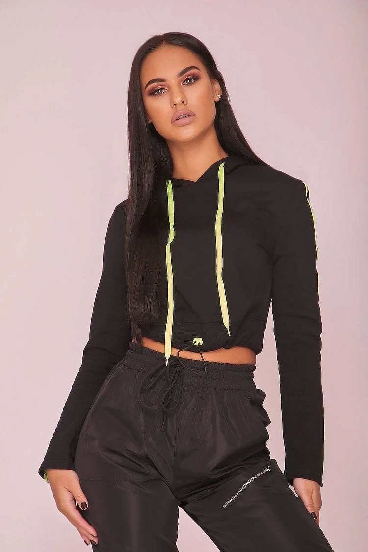 Black Neon Drawstring Crop Hoodie Katch Me