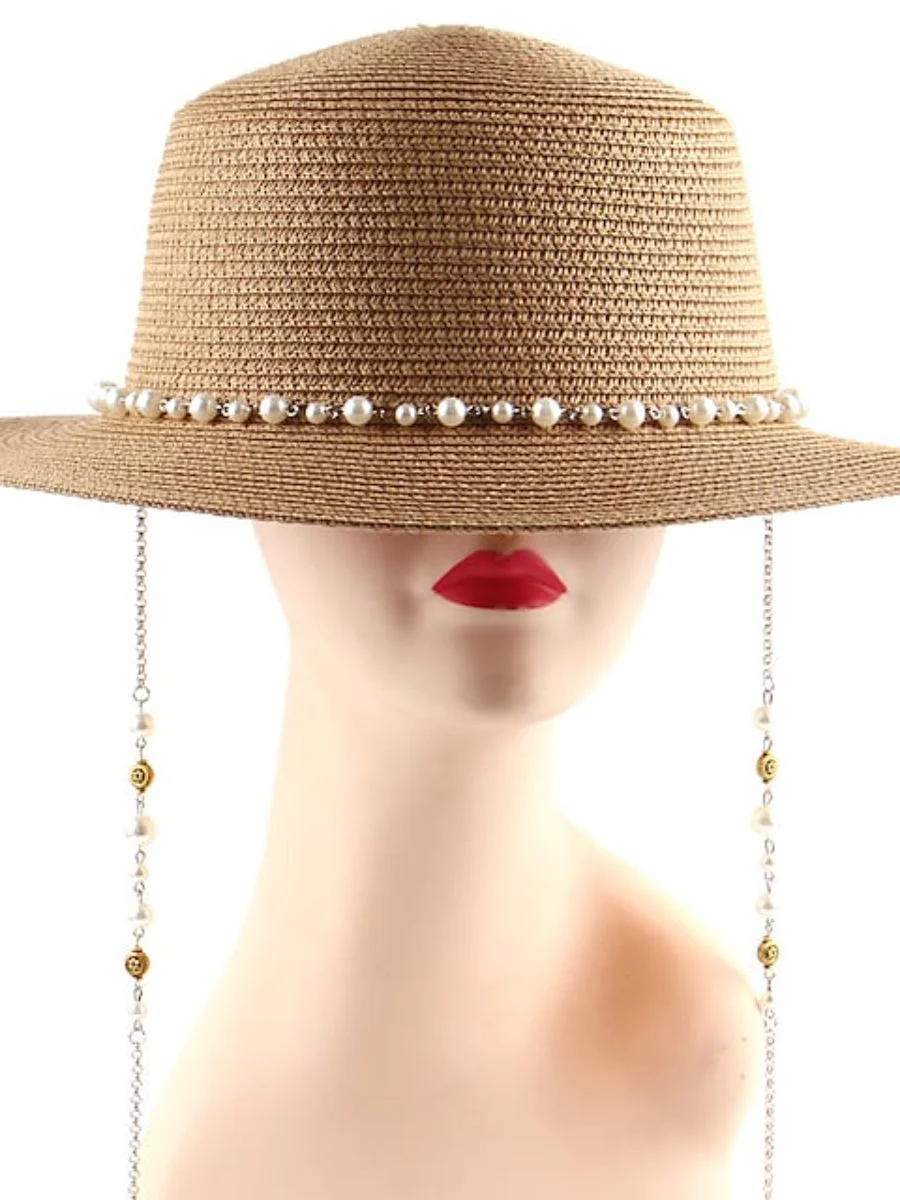 Women's Classic Straw Hat Party Pearl Beaded Pure Color Large Brim Elegent Hat