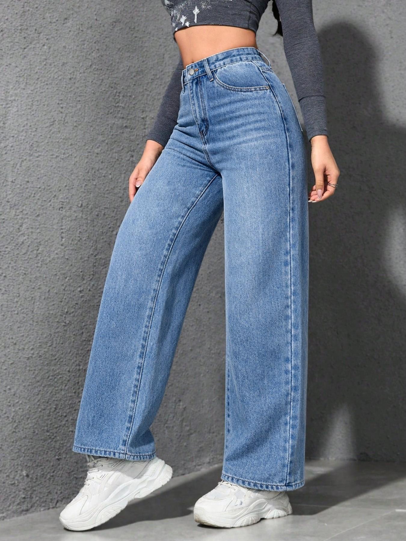 Spring Summer High Waist Elastic Women's Jeans, Washed Blue Casual Wide Leg Pants, Fitted H-Type Denim for Daily Commute and Vacation
