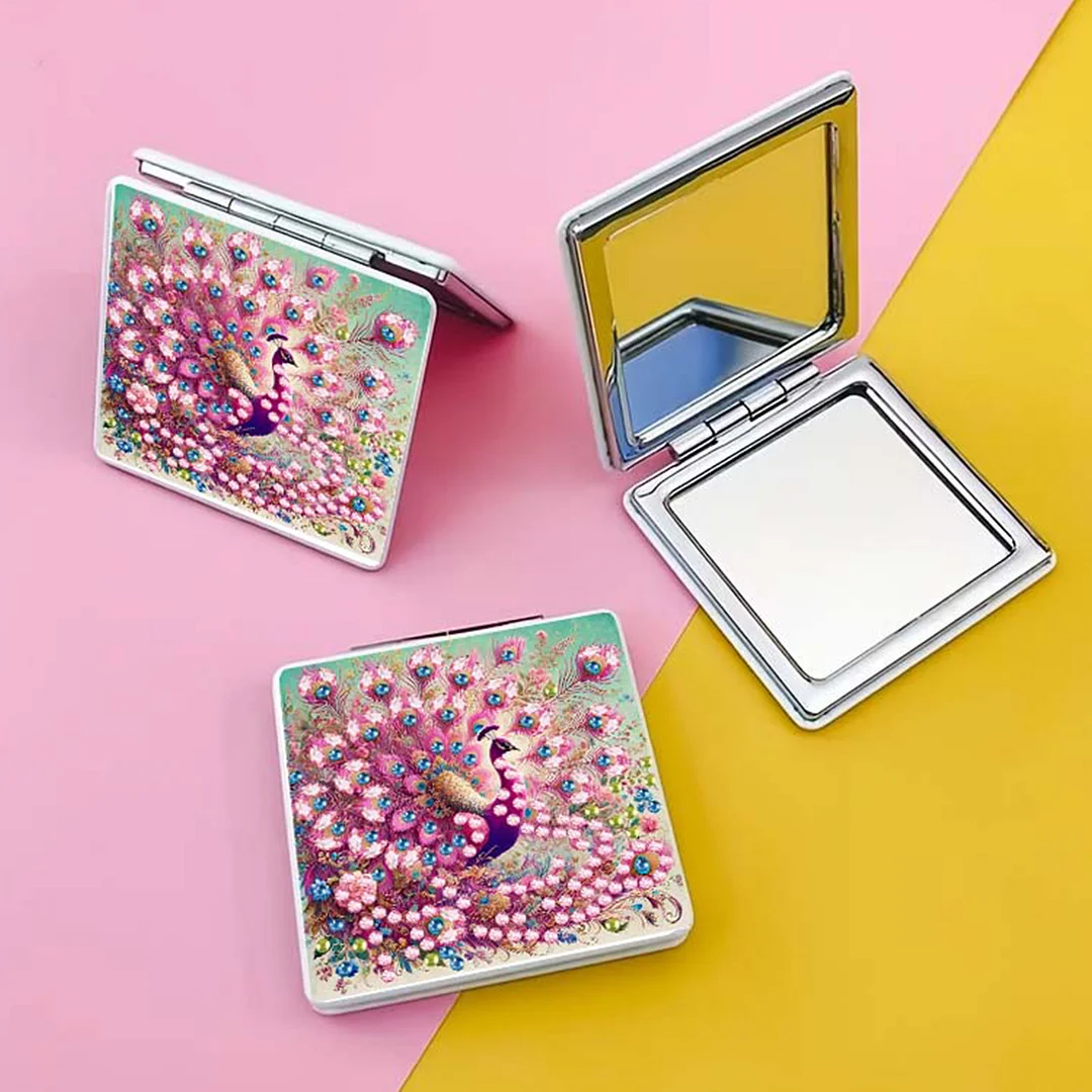 Pink Peacock DIY Special Shaped Diamond Painting Compact Mirror Kits Diamond Art Painting Pocket Mirror for Adults and Beginners