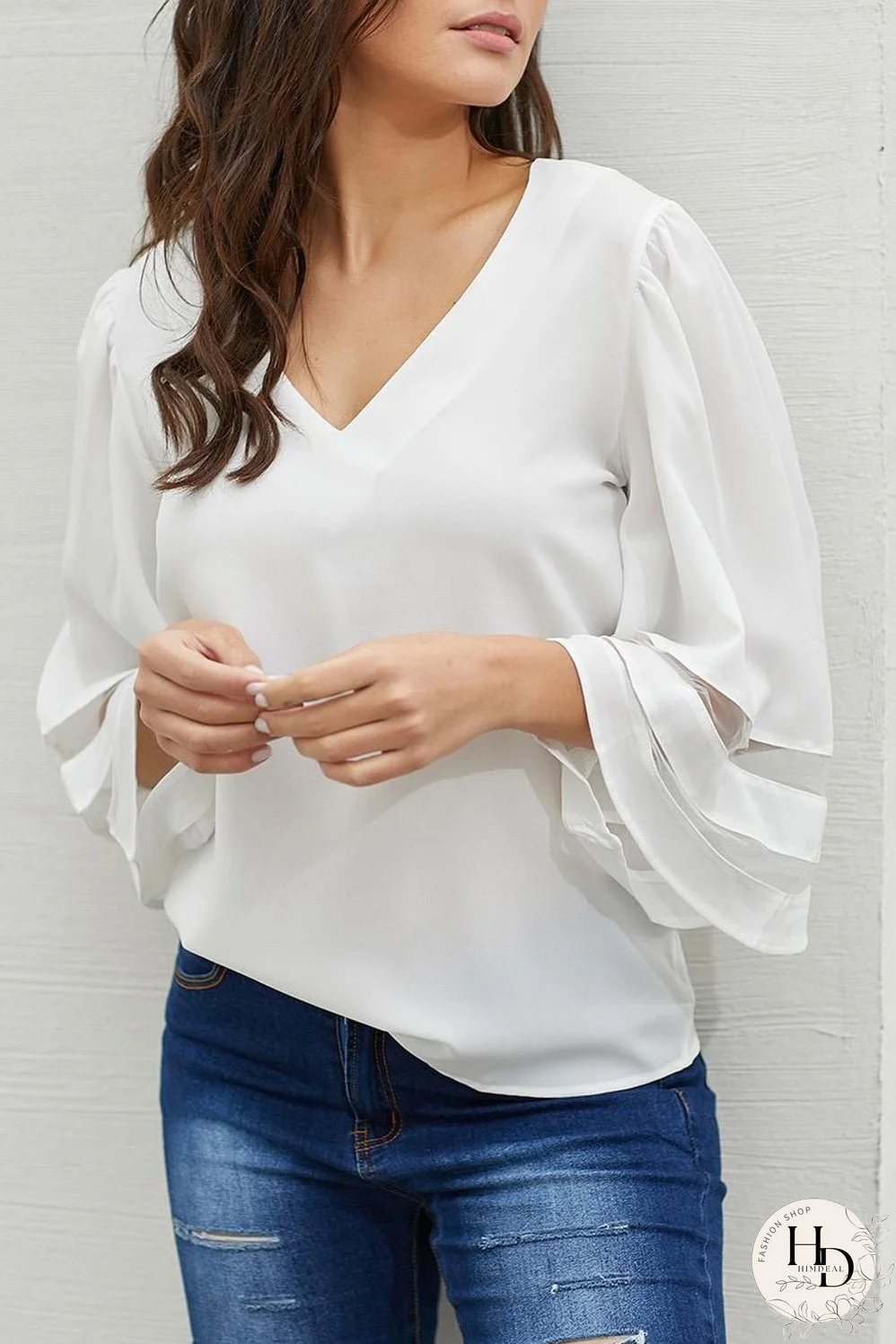 White Flare Sleeve V Neck Sheer Insert Blouse