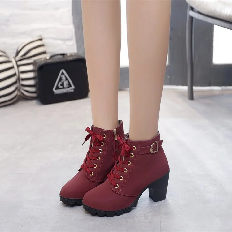 Yyvonne New High Heel Thick Heel Casual Women's Boots Platform Ankle Boots Round Head Side Zipper Lace Ankle Boots