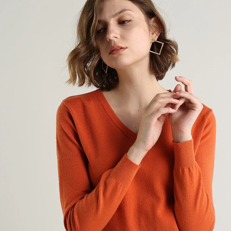 Women Sweater 2020 New V-neck Female Long-sleeved Knitted Pullover Jumper Pull Femme Clothes White Loose Thin Good Quality