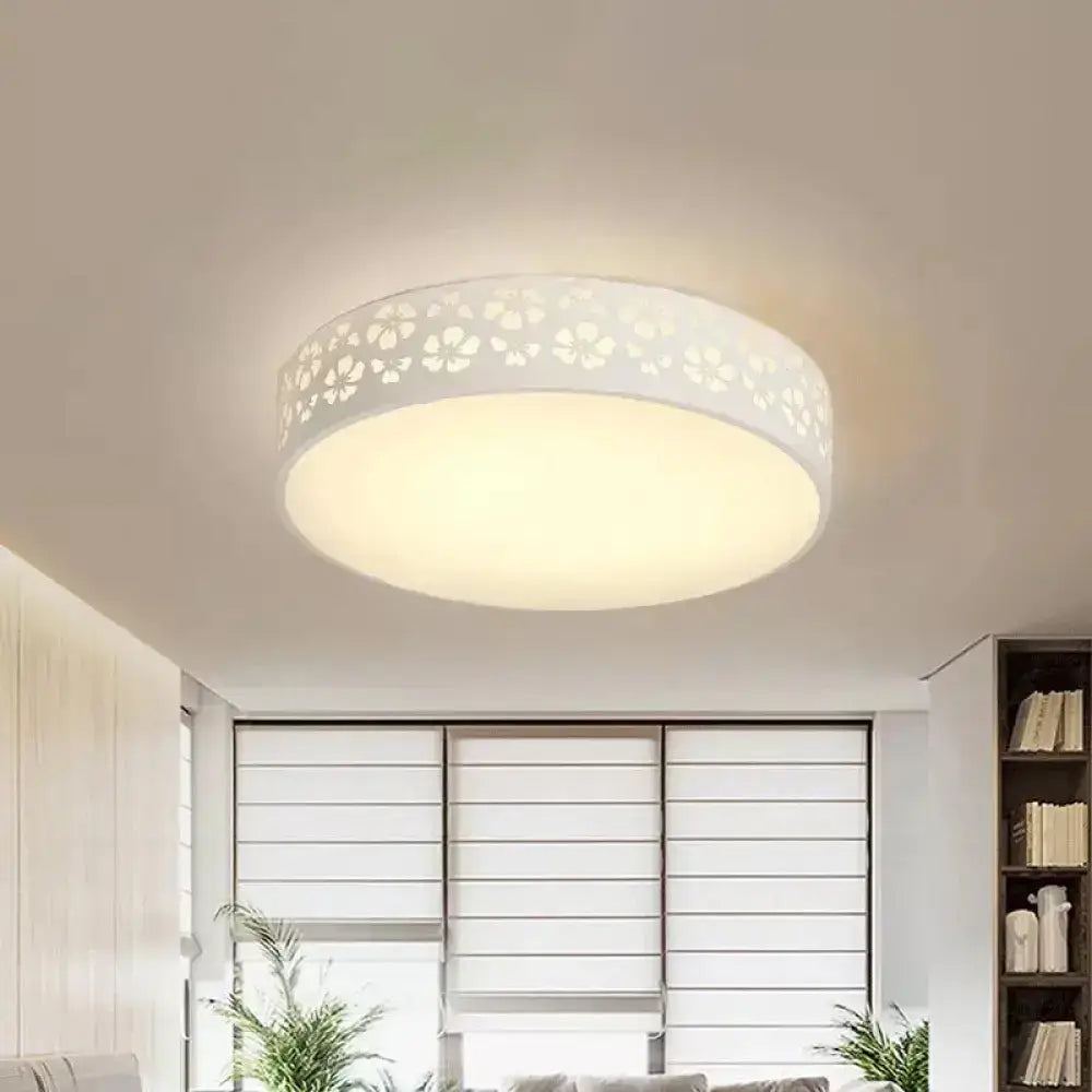 15&rsquo;/19&rsquo; Wide Drum Metal Ceiling Lamp - Modern White Led Flush Mount Light With Cutout Flower