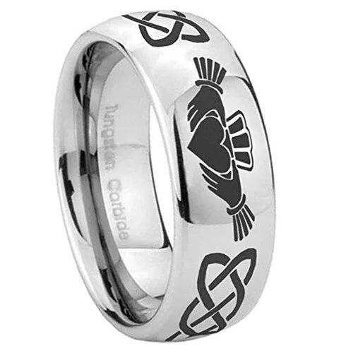 Men's or Women's Irish Claddagh Tungsten Carbide Embrace Love Heart Wedding Band Rings, Silver and Black Laser Etched Celtic Kno with Heart in Hands Ring With Mens And Womens For 4MM 6MM 8MM 10MM