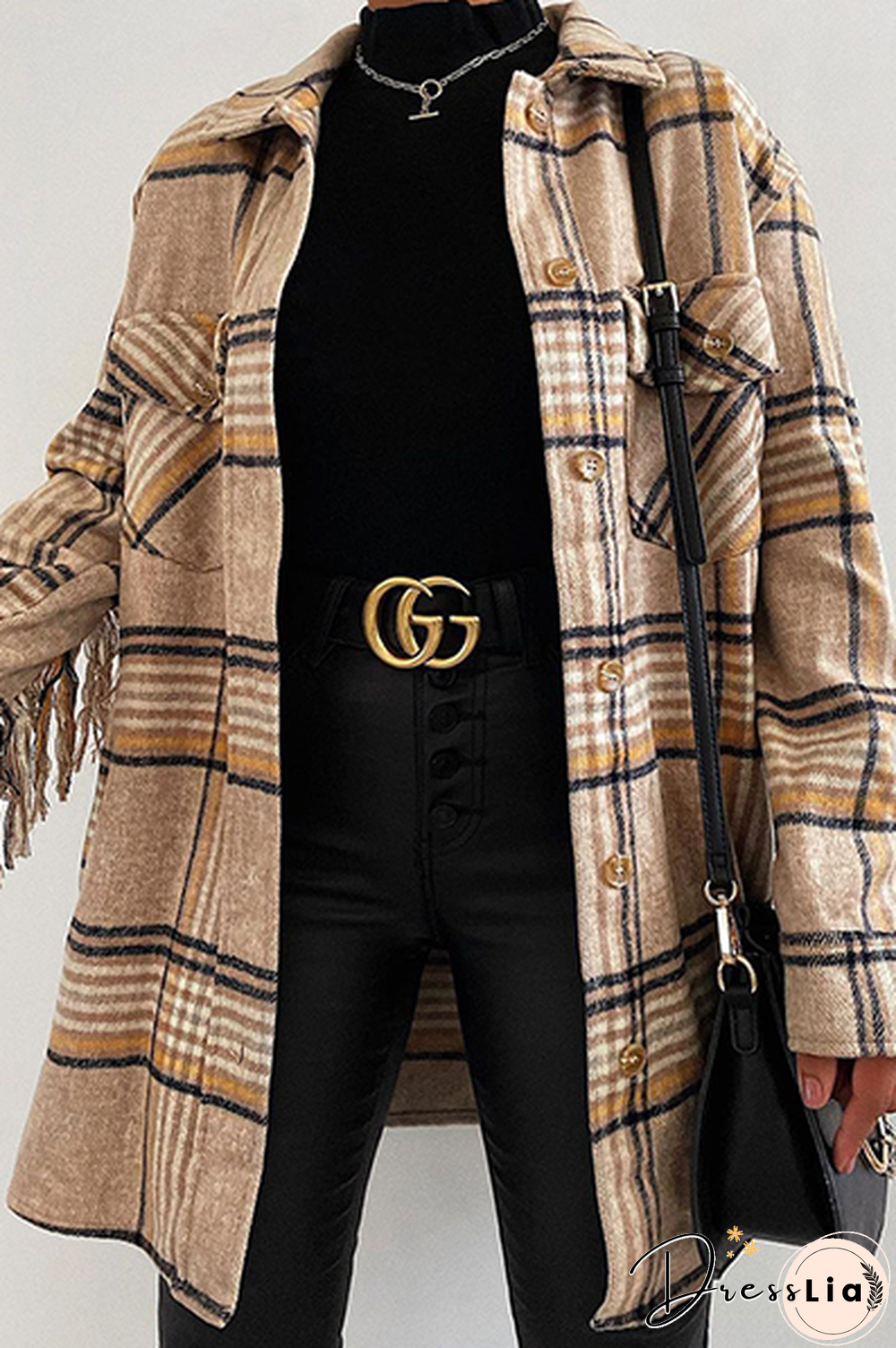 Casual Plaid Tassel Buckle Turndown Collar Outerwear