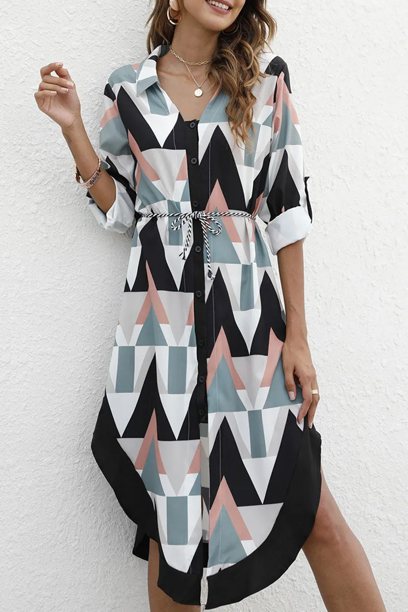 Fashion Street Print Split Joint Turndown Collar Irregular Dresses