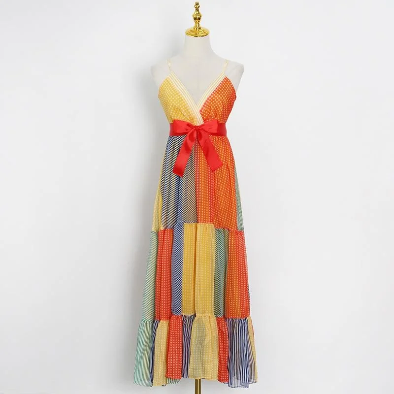 ABEBEY Colorful Dress For Women V Neck Sleeveless High Waist Patchwork Bowknot Hit Color Sling Dresses Female 2023 Clothes