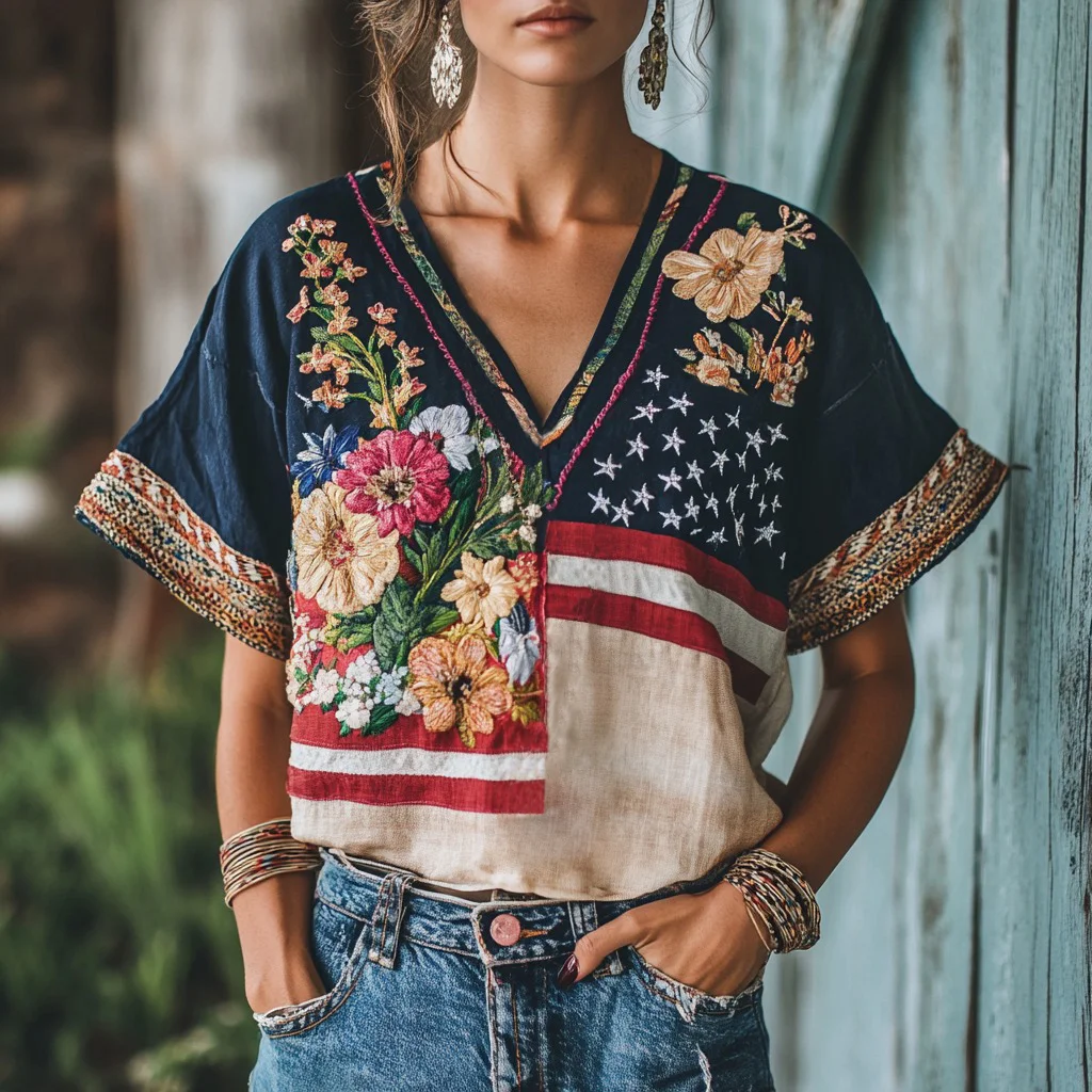Women's Floral Embroidery Independence Day Flag Short Sleeve V Neck Casual Linen Top