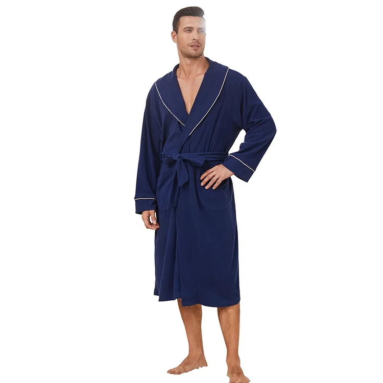 Vulcanodon Men Fleece Robe,Soft Lightweight Long Shawl Collar Bathrobe,(Navy,L-XL)