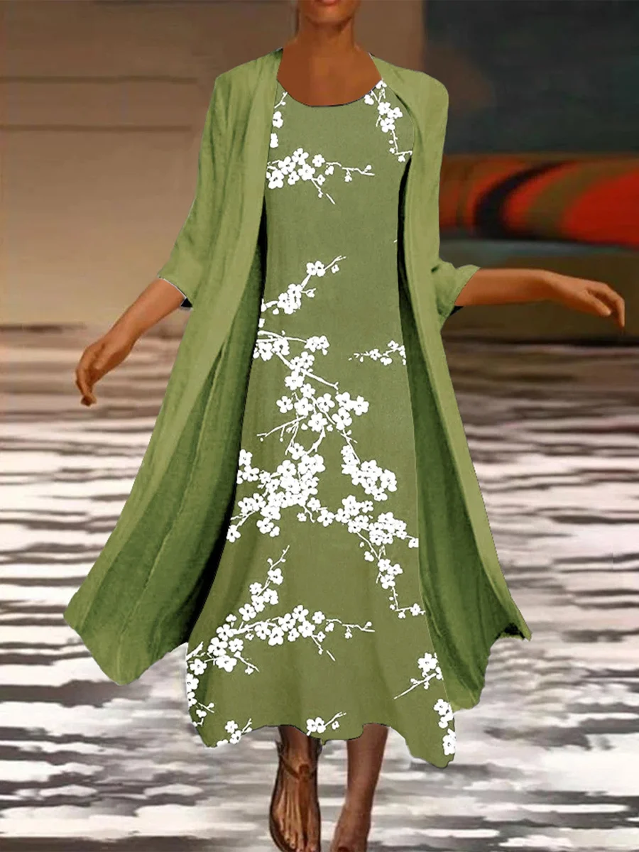 Casual Leaf Print Crew Neck Two-Piece Maxi Dress